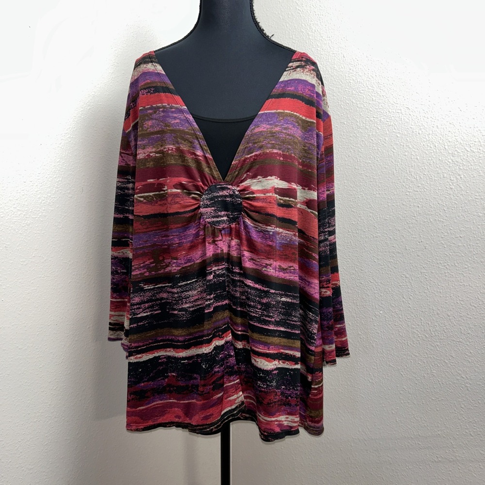 Essentials Pullover Blouse Women's 3X Abstract Layered Look Artsy 3/4 Sleeve